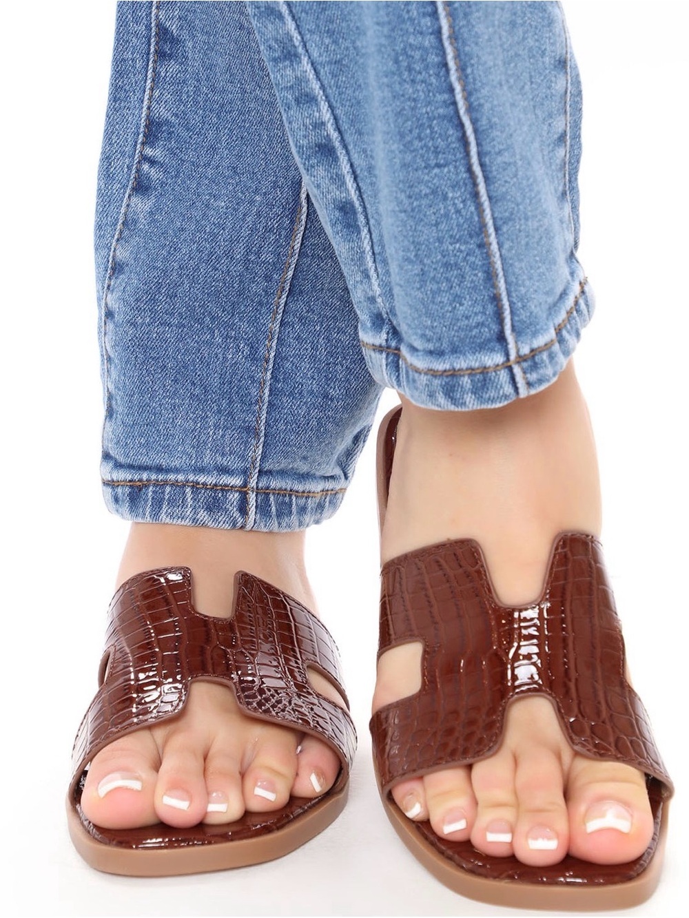 Fashion Nova Brown Croc-Texture Slide Sandals for Women